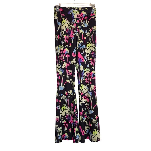 SHEIN Pants - Shein Neon Mushroom Print Flare Leg Pants Black High Waisted Bell Bottoms XS